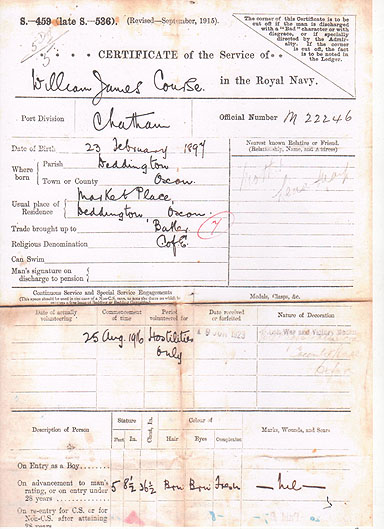 William (Bill) Course. Cook's Mate. Service Certificate p1.