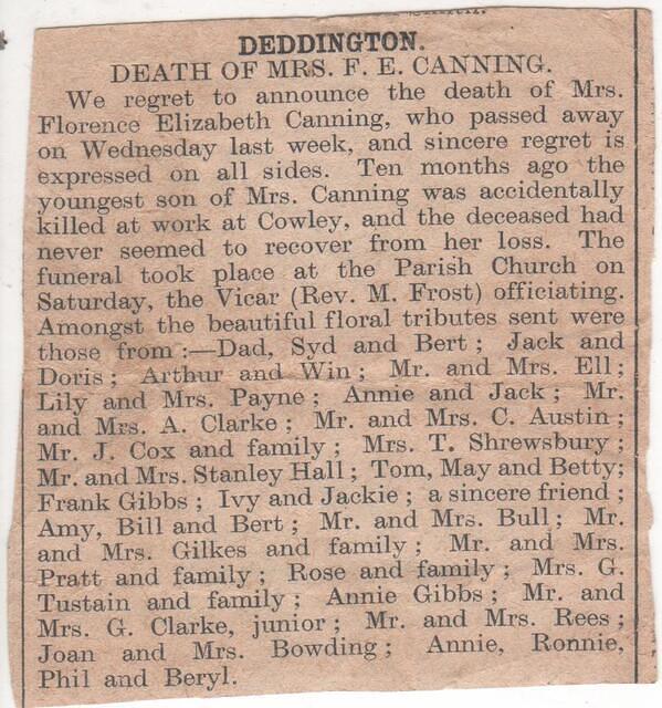 August 1939 Death of Florence Canning