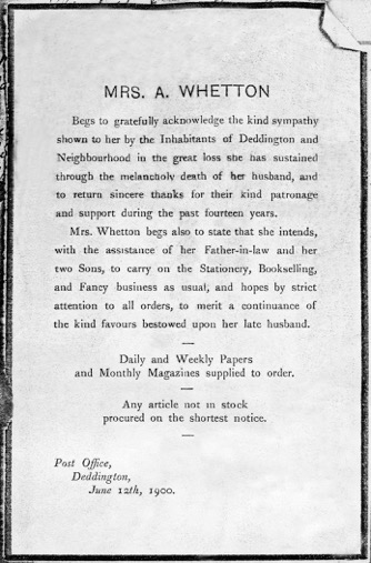 Mrs A Whetton notice 1900