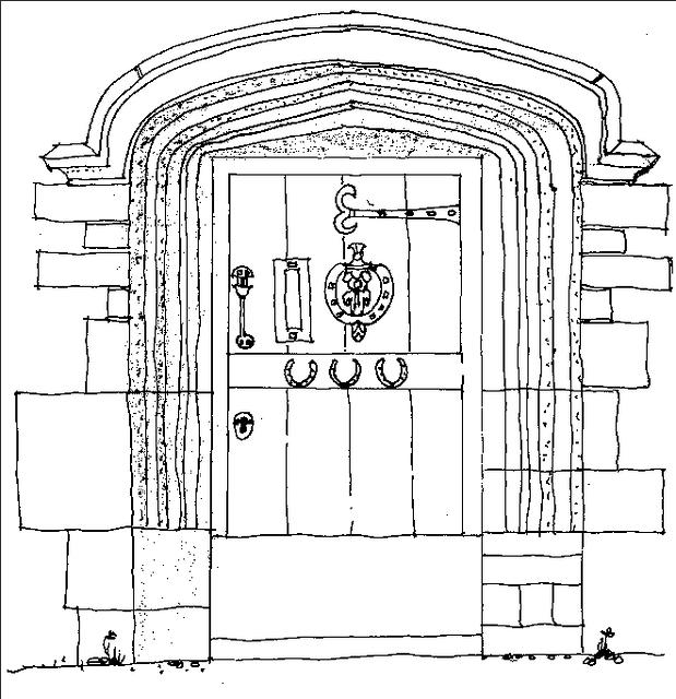 Line drawing of the Three Horseshoes front door for the book Discovering Deddington[i]