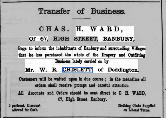 The Chislett business was transferred to Charles Ward (Banbury Guardian 10 Feb 1916 )