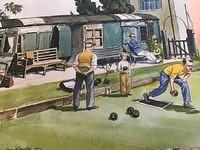 Ken Langstaff's painting of Deddington Beeches Bowls Club Green and members