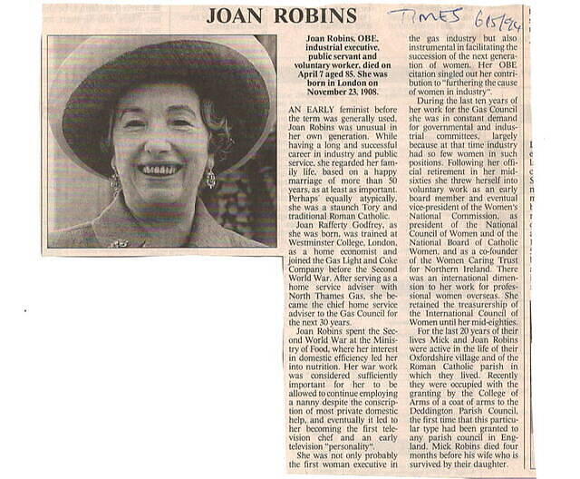 Joan Robins OBE, instigator of the granting of arms to the Parish