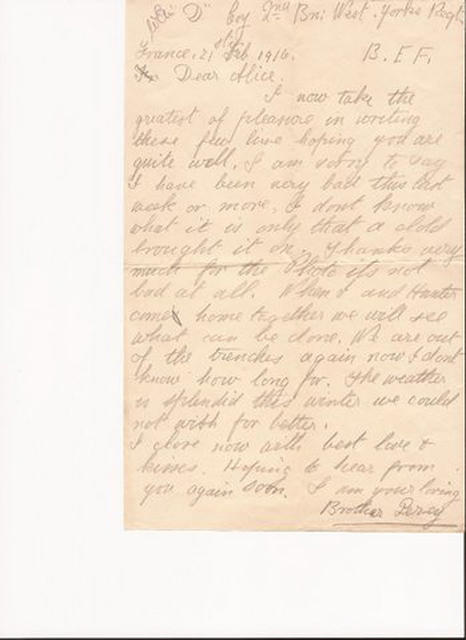 Letter from Percy in the trenches to his sister Alice.
