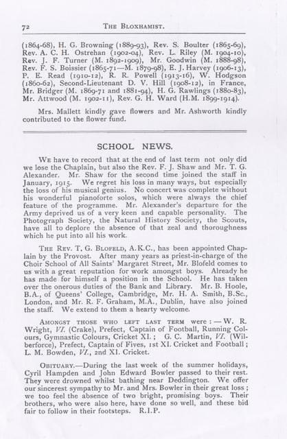 John & Cyril's Bloxhamist Obituary 1917