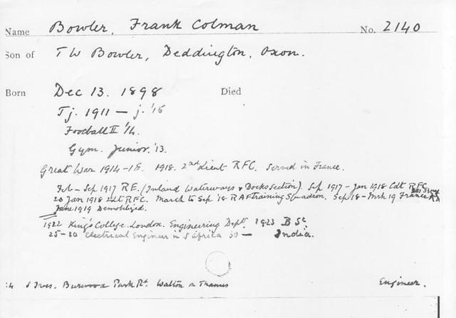 Frank Bowler's  record card