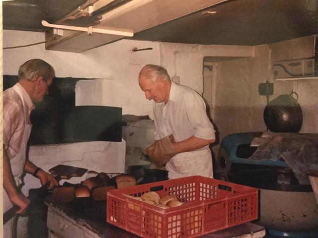 John (l) and Laurence Wallin at the bread oven. John was the cake man and Lawrence the bread.