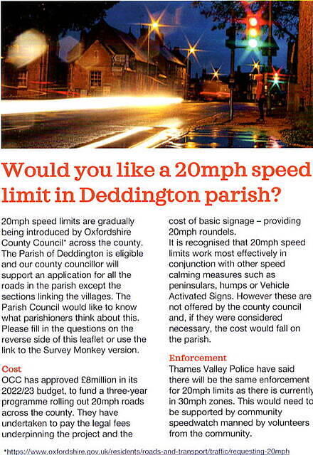 Proposed scheme for 20mph speed limit in Deddington, 2023