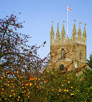 Church tower with apples