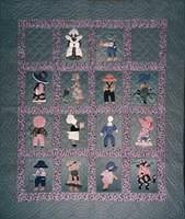 Hand-made quilt depicting George & Agnes Smith & their 12 children