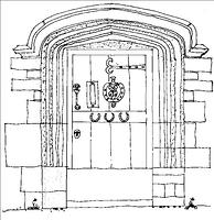 Line drawing of the Three Horseshoes front door for the book Discovering Deddington[i]