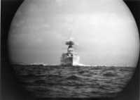 Periscope shot of frigate at close range